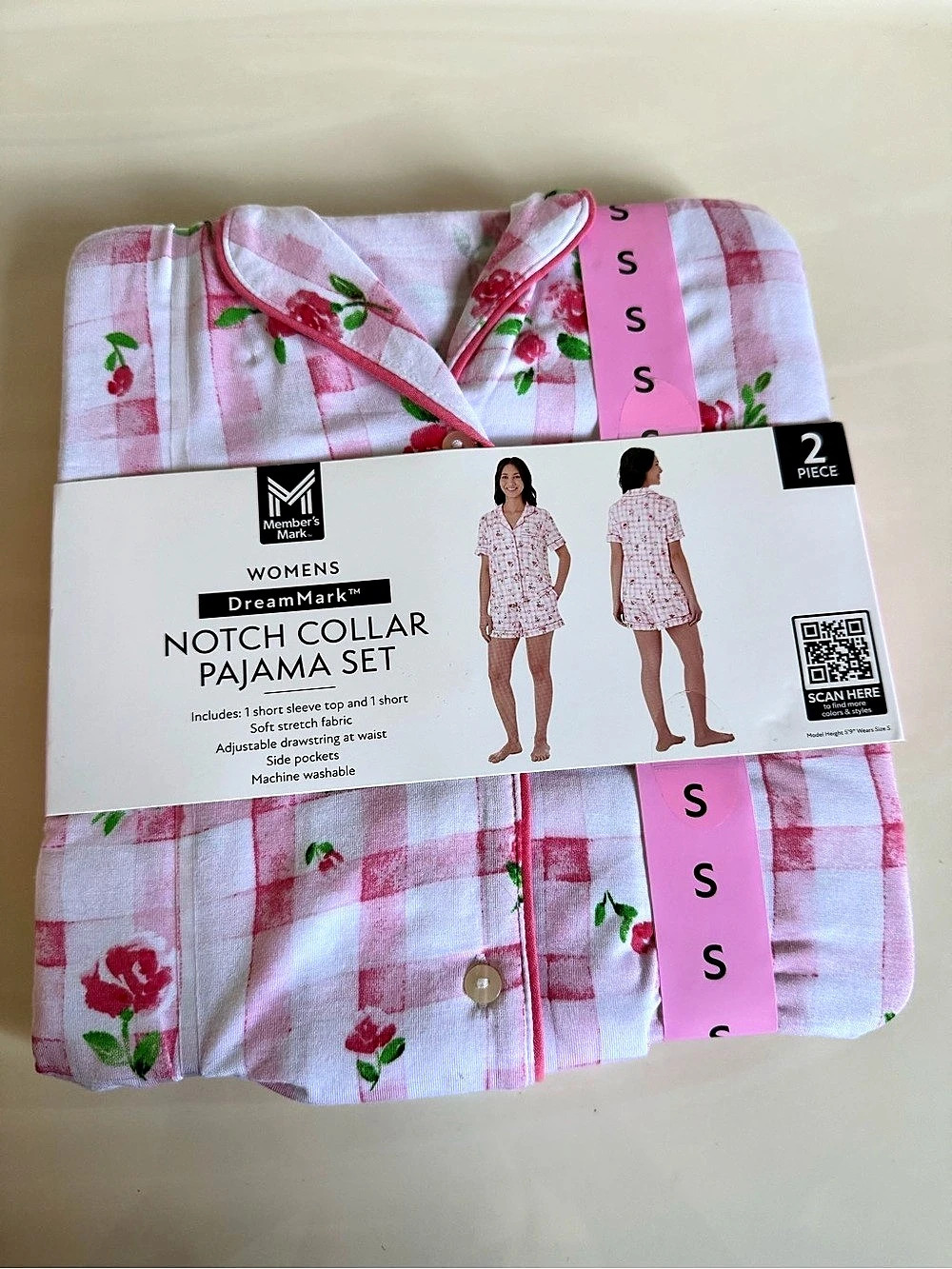 New Member’s Mark Notch Collar Pajama Set Plaid Floral Small (4-6)